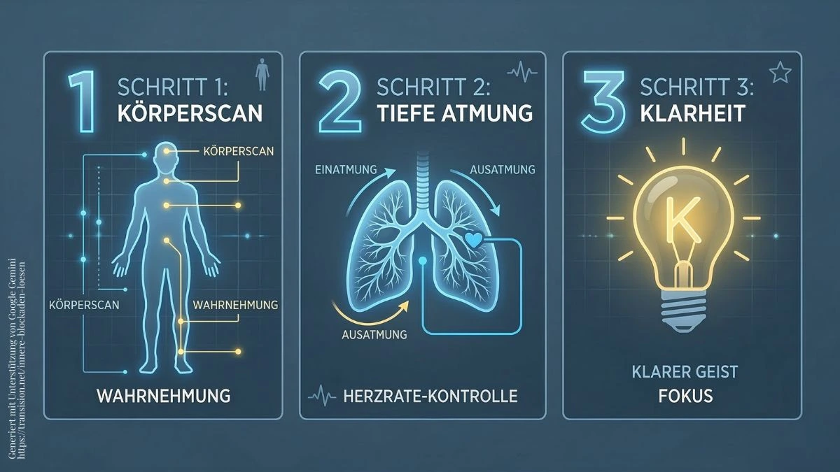 Schritt-für-Schritt Anleitung zum Lösen innerer Blockaden in 5 Minuten: Körperscan, Vagus-Atmung und Neuausrichtung.